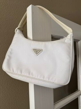 Prada Cream White Nylon Shoulder Bag with Silver Logo
